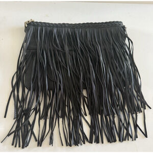 Black Fringe Boho Western Purse Shoulder Handbag w/ Chain strap Faux Suede MINT